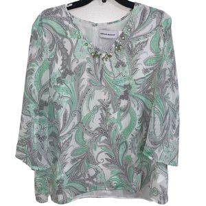 Alfred Dunner V Neck Blouse Floral Green, Gray, White, Beading size 16
